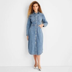 Women's Long Sleeve Denim Midi Dress - Future Collective Medium Wash 16